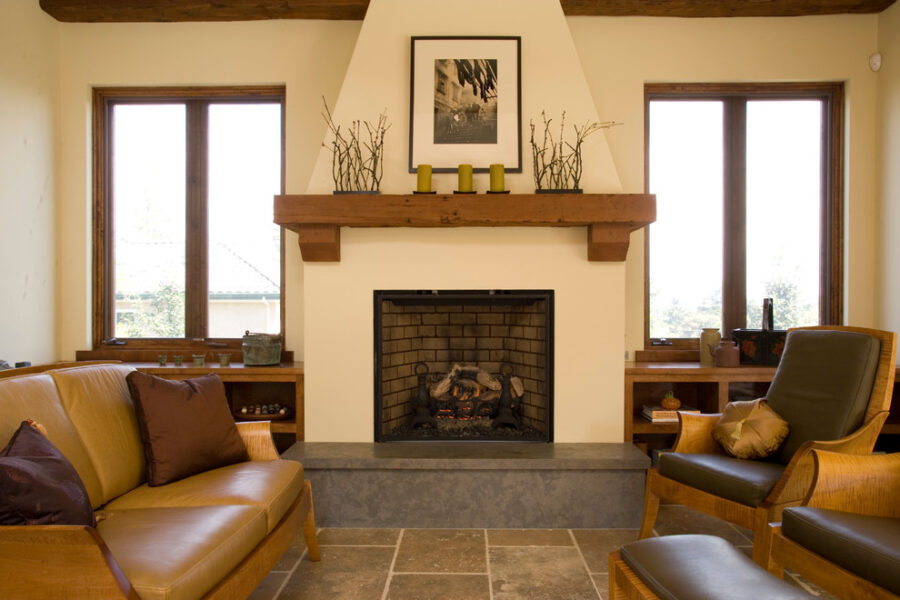 Decorating fireplace mantel living room mediterranean with wood mantle wood trim tall windows مدل های شومینه در دکوراسیون خانه + عکس